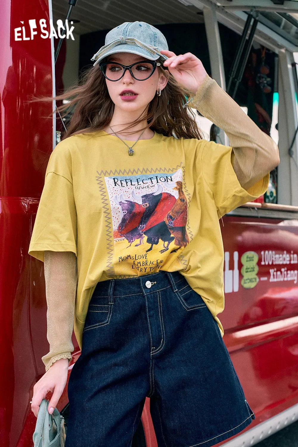 2024 Summer ELFSACK New Arrivals Coffee color loose bullfighting print shiny elastic mesh long sleeve American style T-shirt for women
