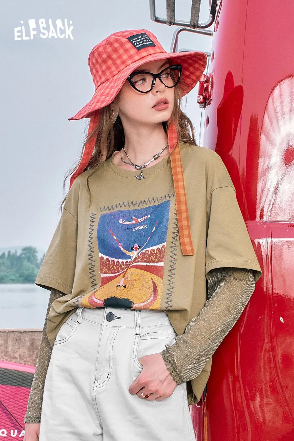 2024 Summer ELFSACK New Arrivals Coffee color loose bullfighting print shiny elastic mesh long sleeve American style T-shirt for women