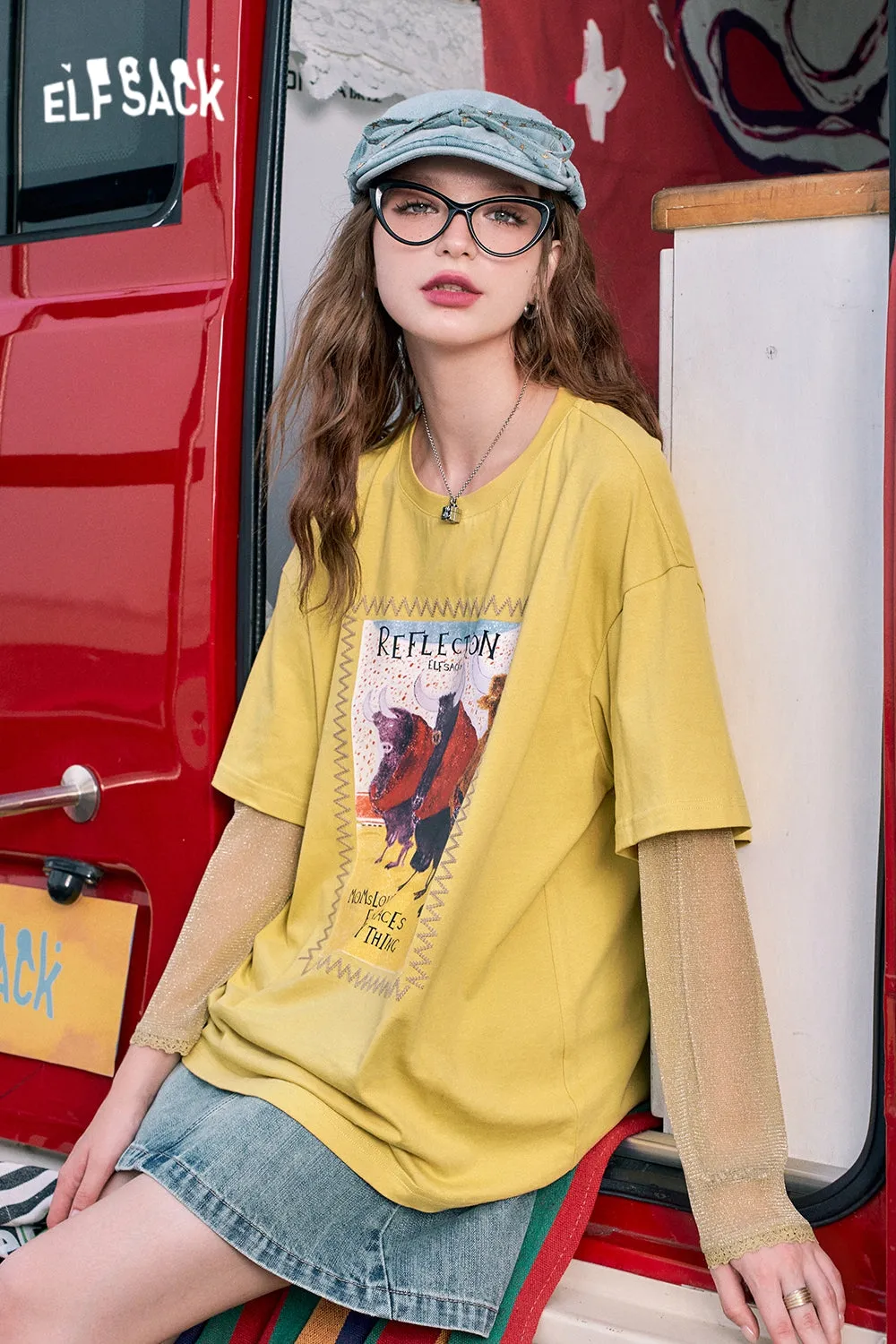 2024 Summer ELFSACK New Arrivals Coffee color loose bullfighting print shiny elastic mesh long sleeve American style T-shirt for women