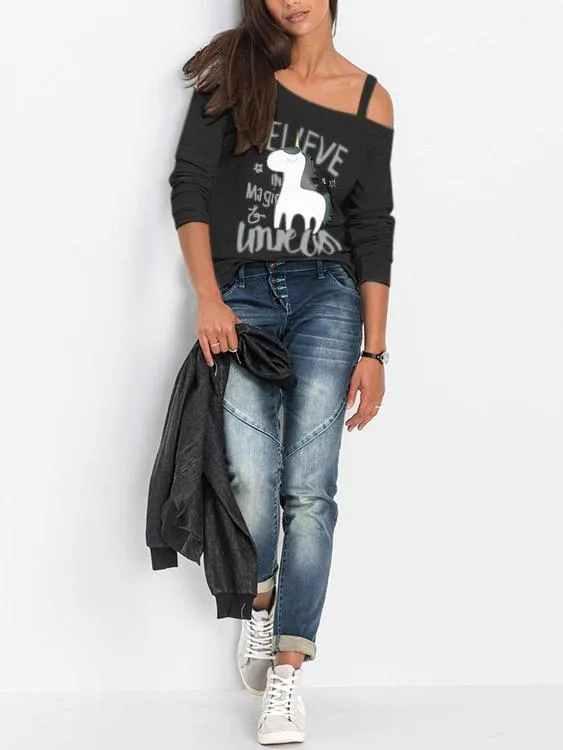 Asymmetrical Printed Cut Out Long Sleeve T-Shirts