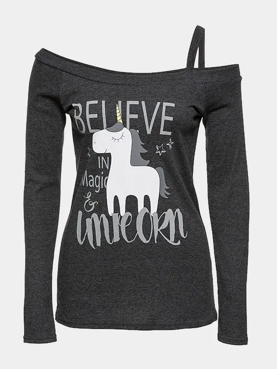 Asymmetrical Printed Cut Out Long Sleeve T-Shirts