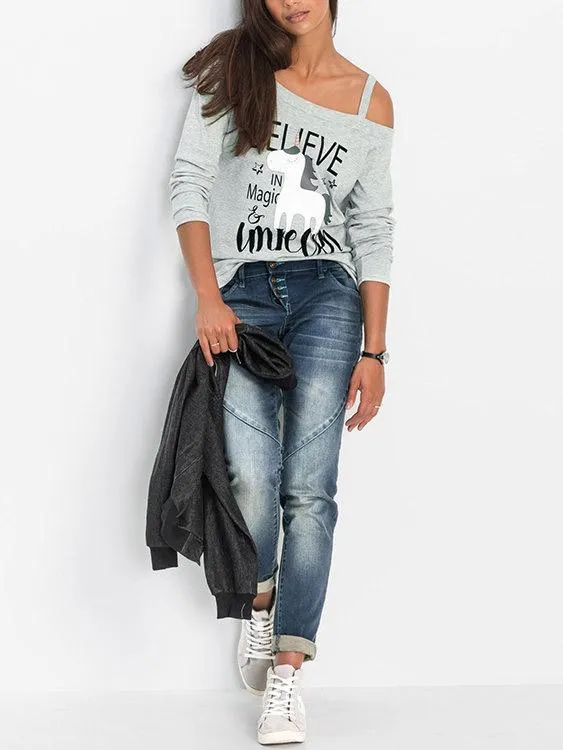Asymmetrical Printed Cut Out Long Sleeve T-Shirts