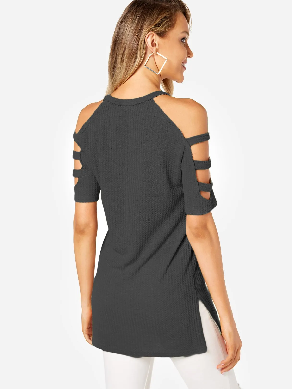 Custom Cold Shoulder Half Sleeve Slit Hem Grey T-Shirts