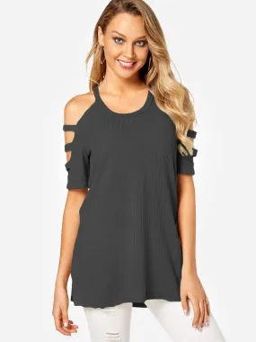 Custom Cold Shoulder Half Sleeve Slit Hem Grey T-Shirts