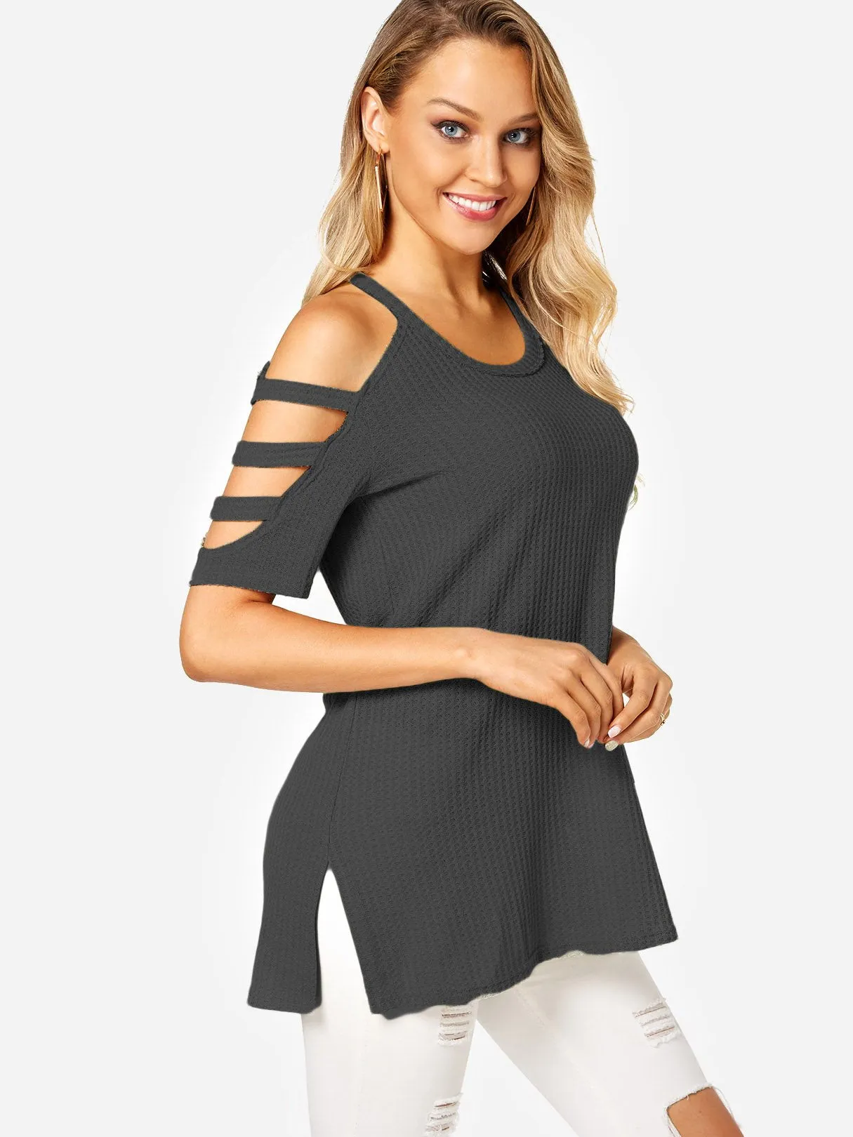 Custom Cold Shoulder Half Sleeve Slit Hem Grey T-Shirts