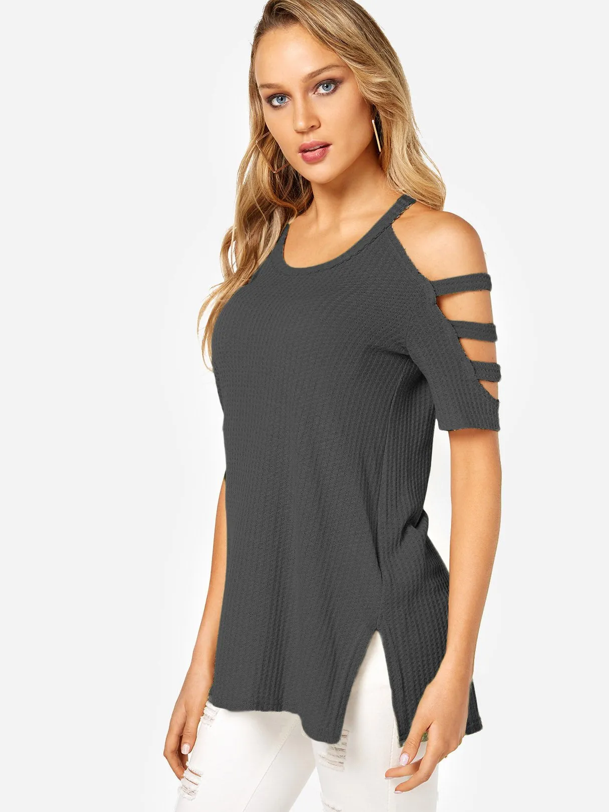 Custom Cold Shoulder Half Sleeve Slit Hem Grey T-Shirts