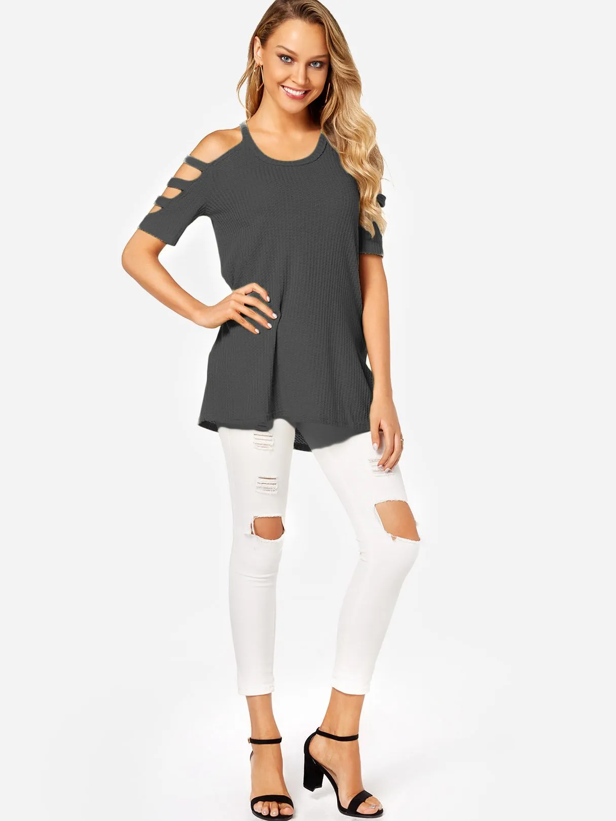 Custom Cold Shoulder Half Sleeve Slit Hem Grey T-Shirts