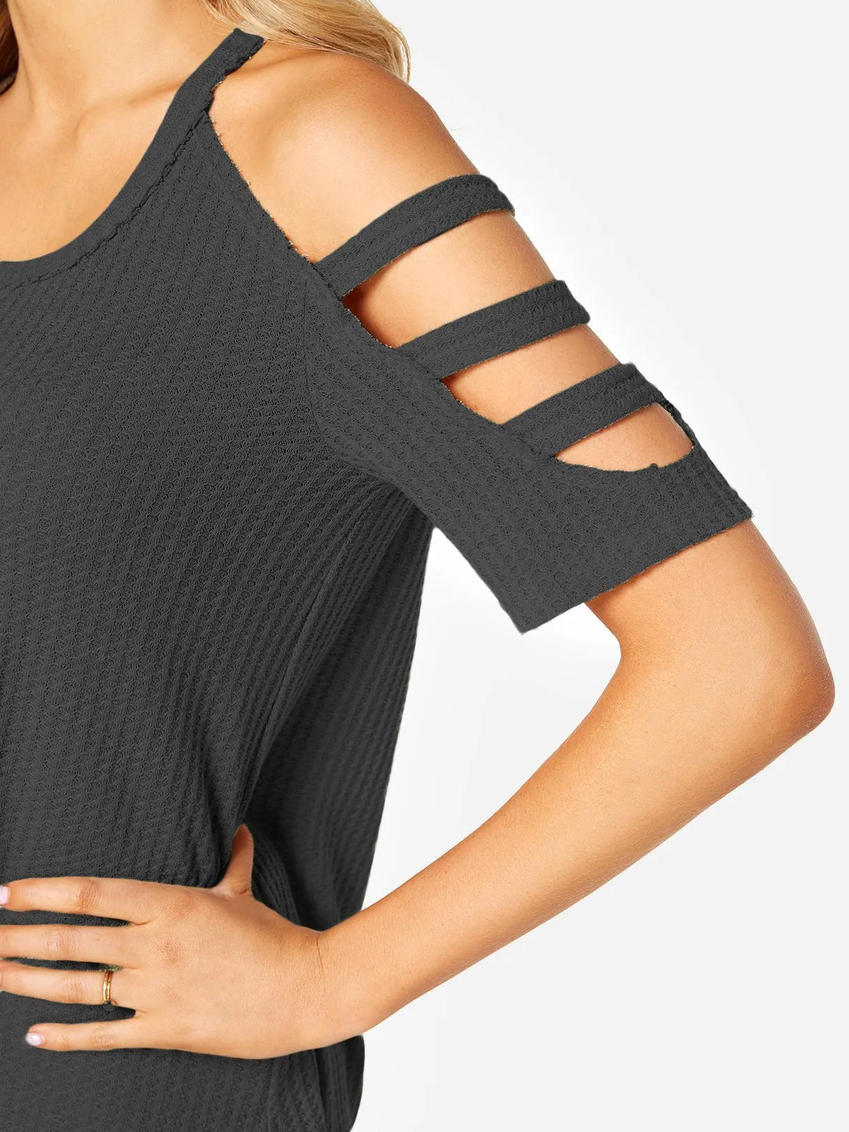 Custom Cold Shoulder Half Sleeve Slit Hem Grey T-Shirts