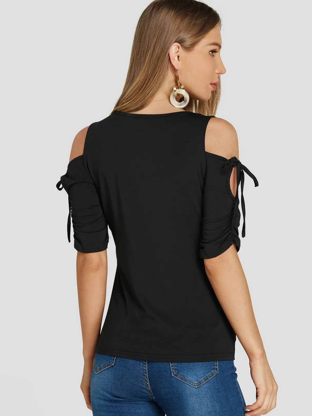 Custom Cold Shoulder Plain Cut Out Pleated Tie-Up Short Sleeve Black T-Shirts