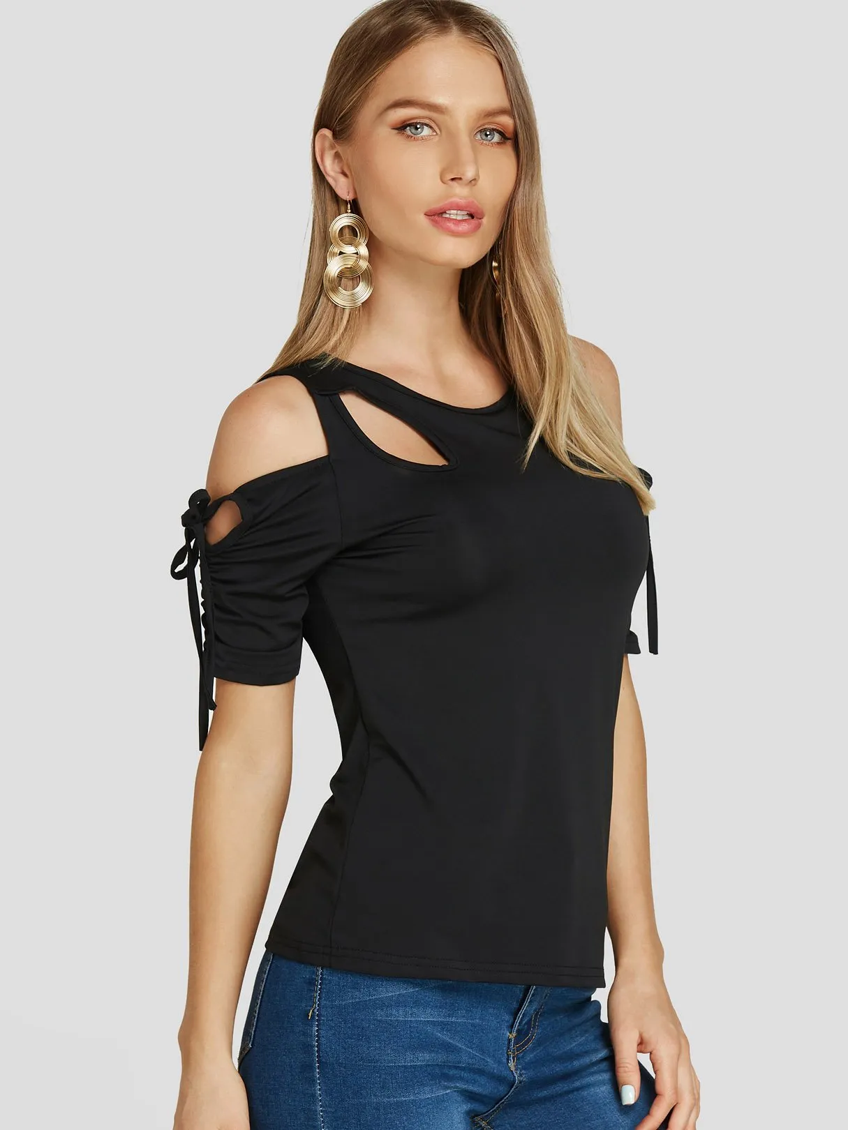 Custom Cold Shoulder Plain Cut Out Pleated Tie-Up Short Sleeve Black T-Shirts