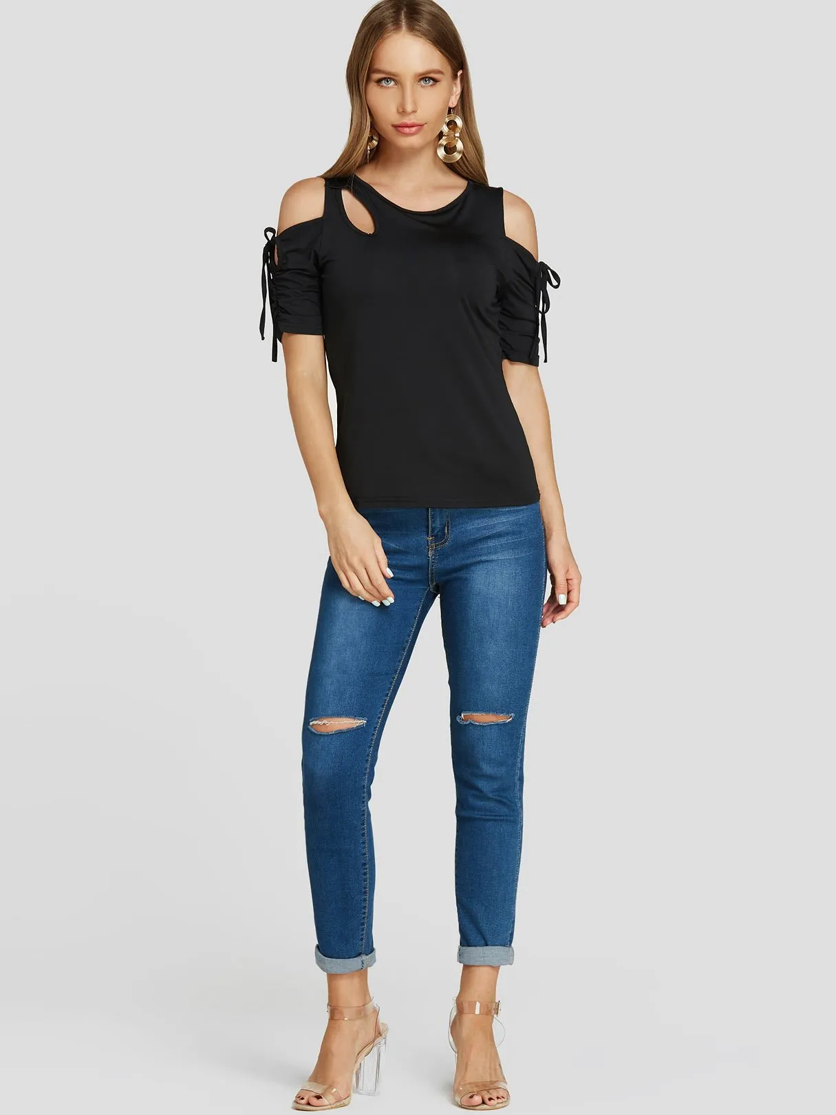 Custom Cold Shoulder Plain Cut Out Pleated Tie-Up Short Sleeve Black T-Shirts