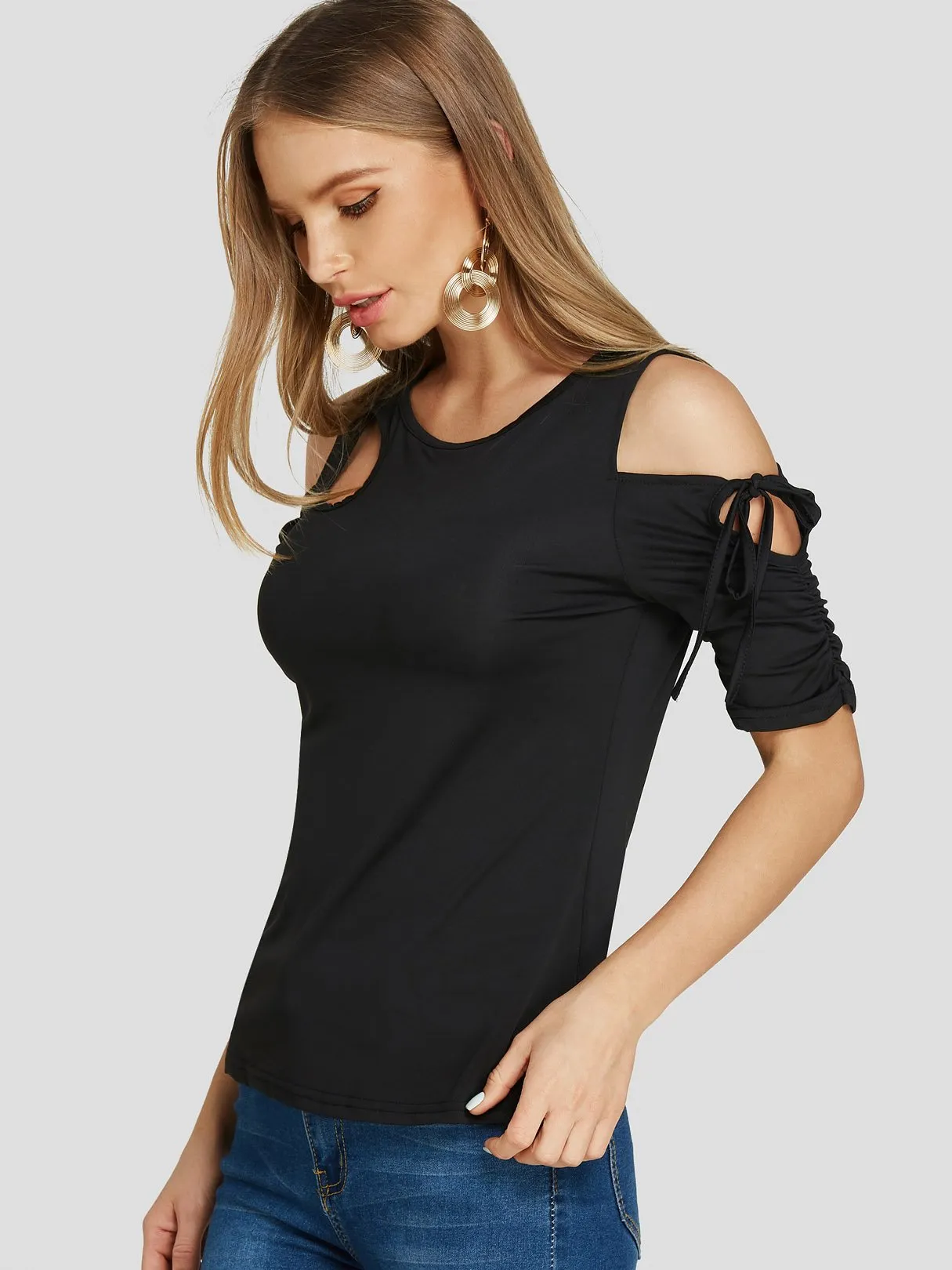Custom Cold Shoulder Plain Cut Out Pleated Tie-Up Short Sleeve Black T-Shirts