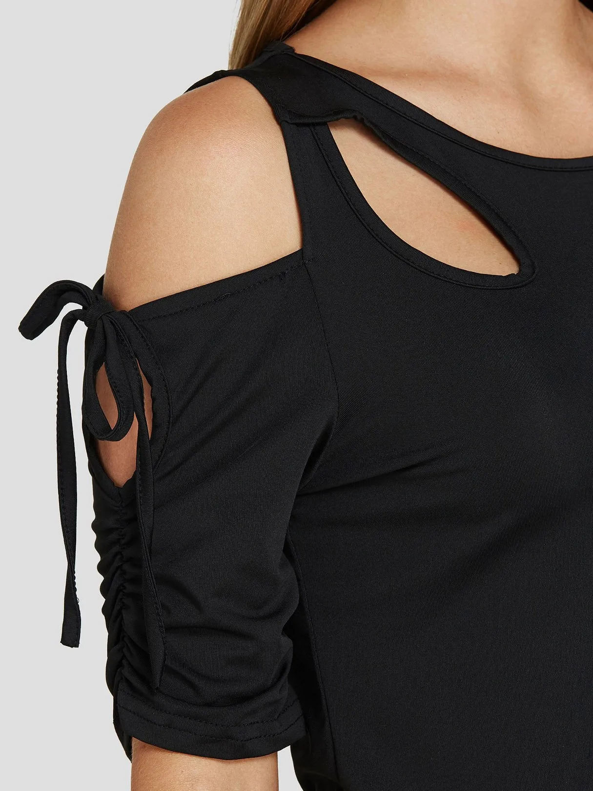 Custom Cold Shoulder Plain Cut Out Pleated Tie-Up Short Sleeve Black T-Shirts