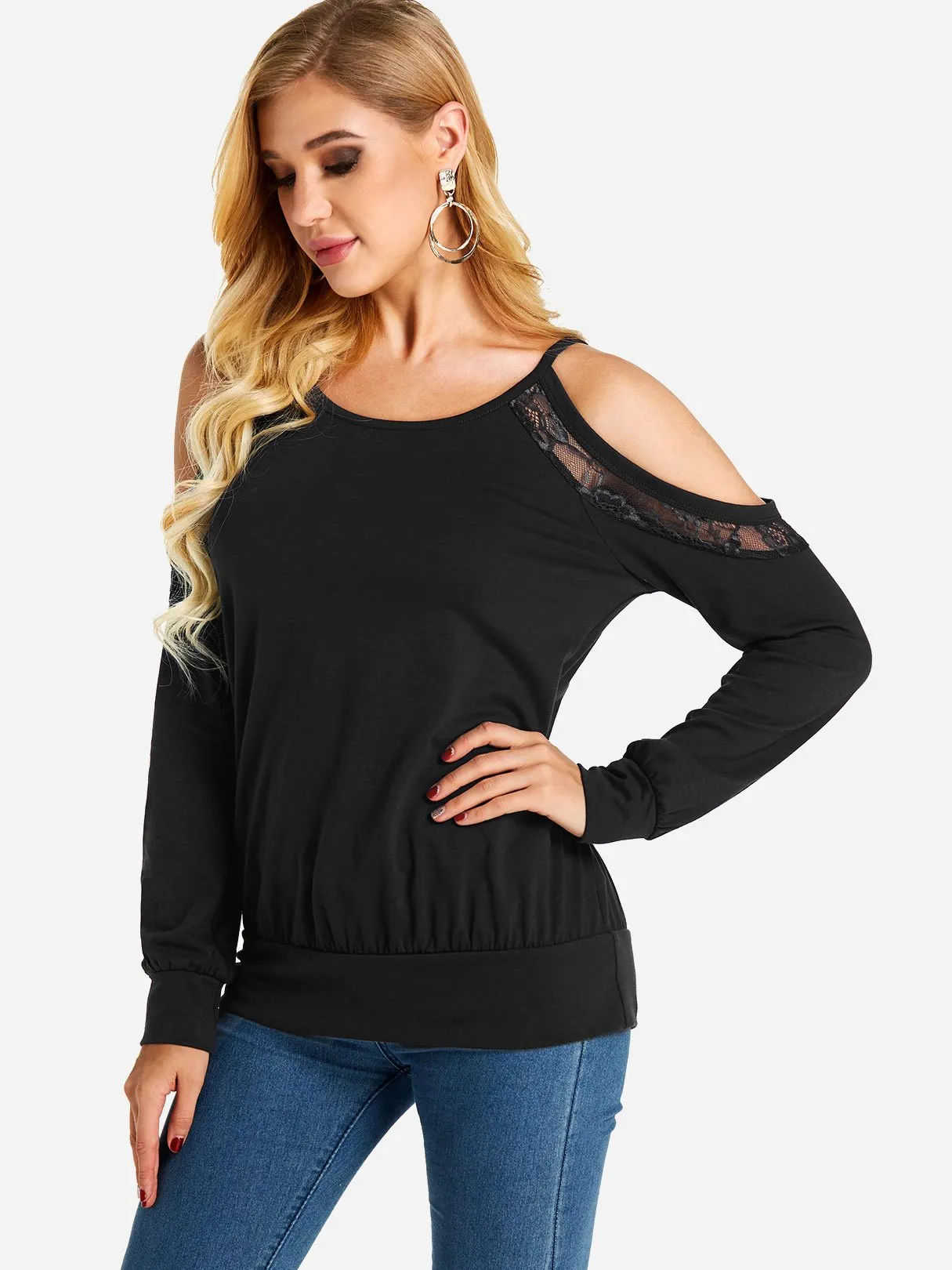 Custom Cold Shoulder Plain Lace Cut Out Long Sleeve T-Shirts