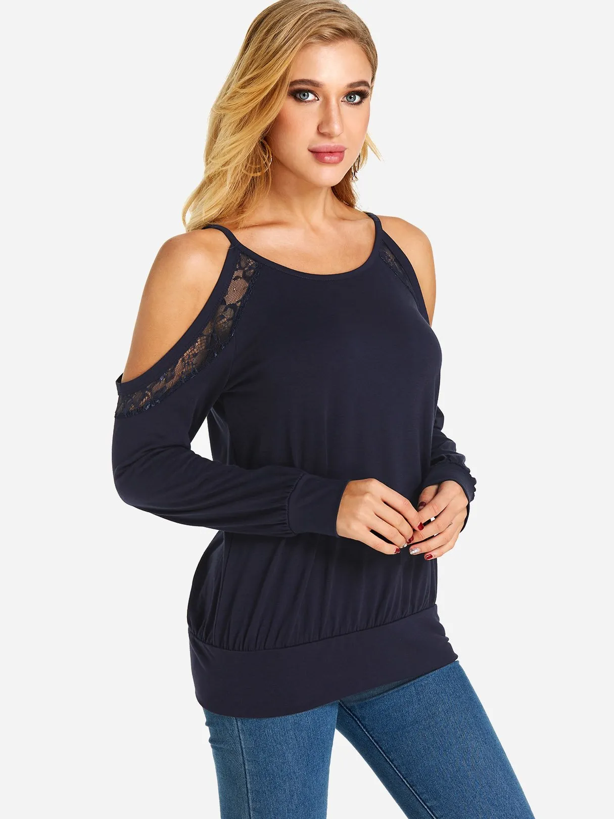 Custom Cold Shoulder Plain Lace Cut Out Long Sleeve T-Shirts