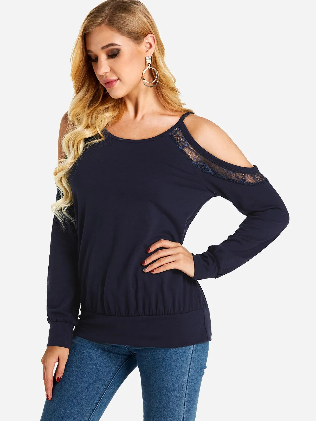 Custom Cold Shoulder Plain Lace Cut Out Long Sleeve T-Shirts