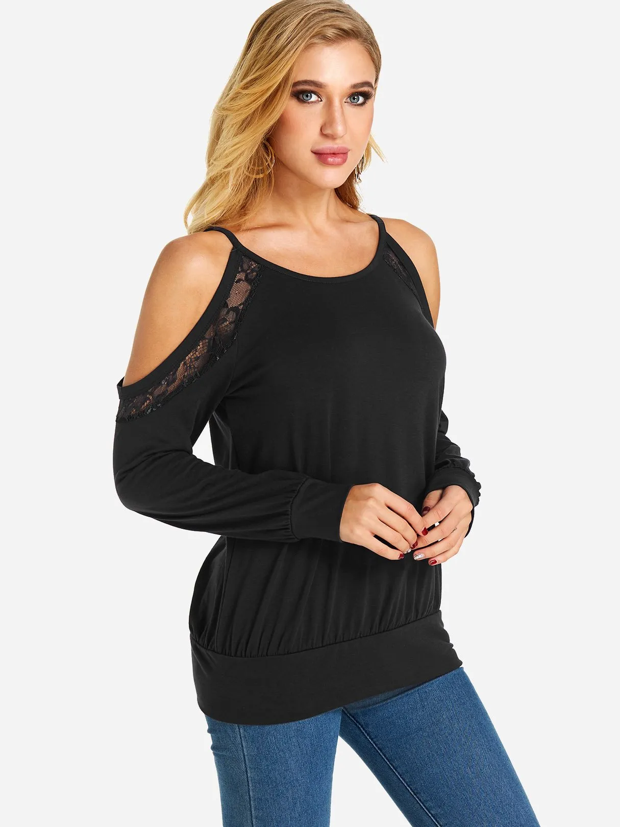 Custom Cold Shoulder Plain Lace Cut Out Long Sleeve T-Shirts