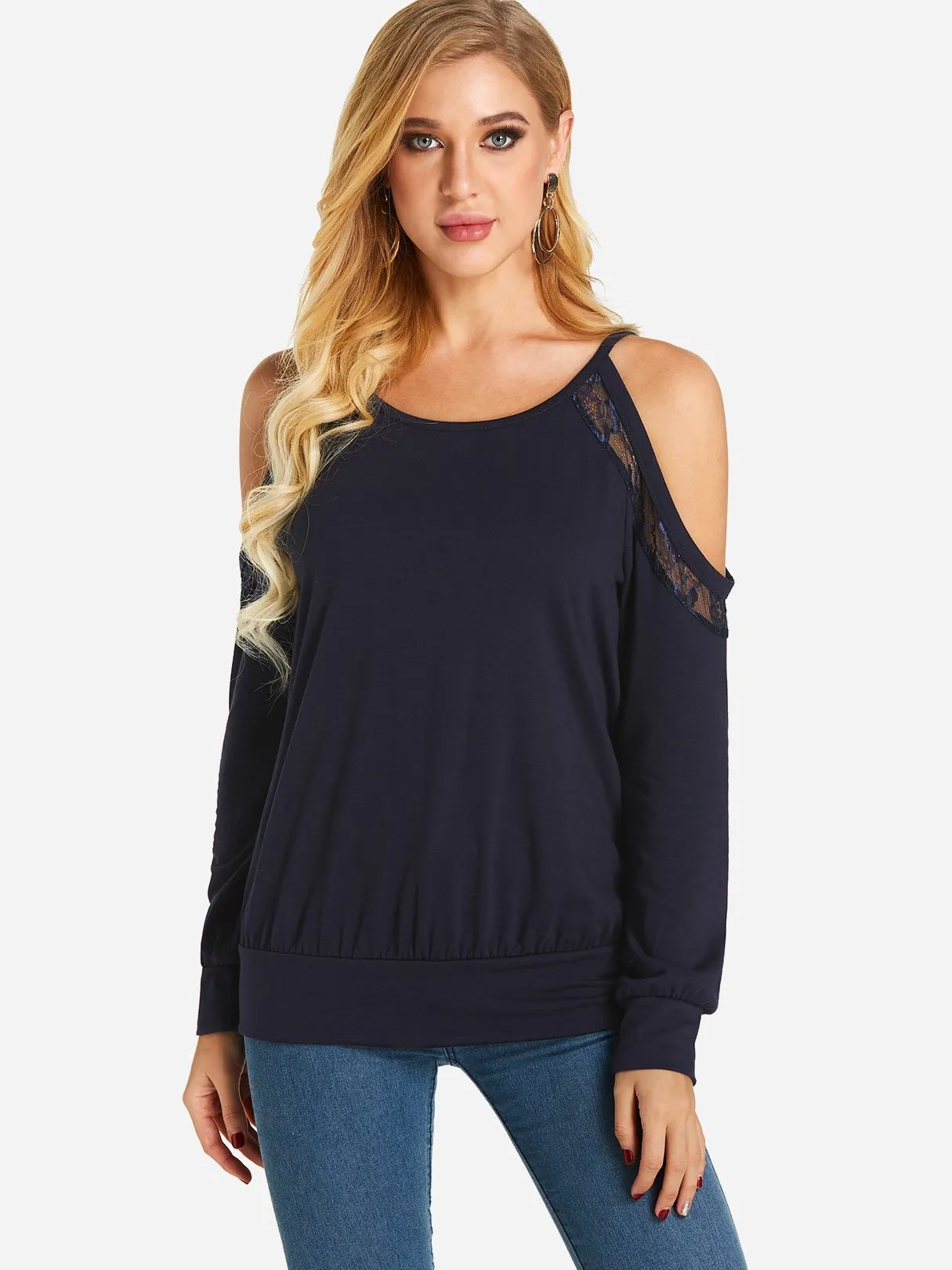 Custom Cold Shoulder Plain Lace Cut Out Long Sleeve T-Shirts