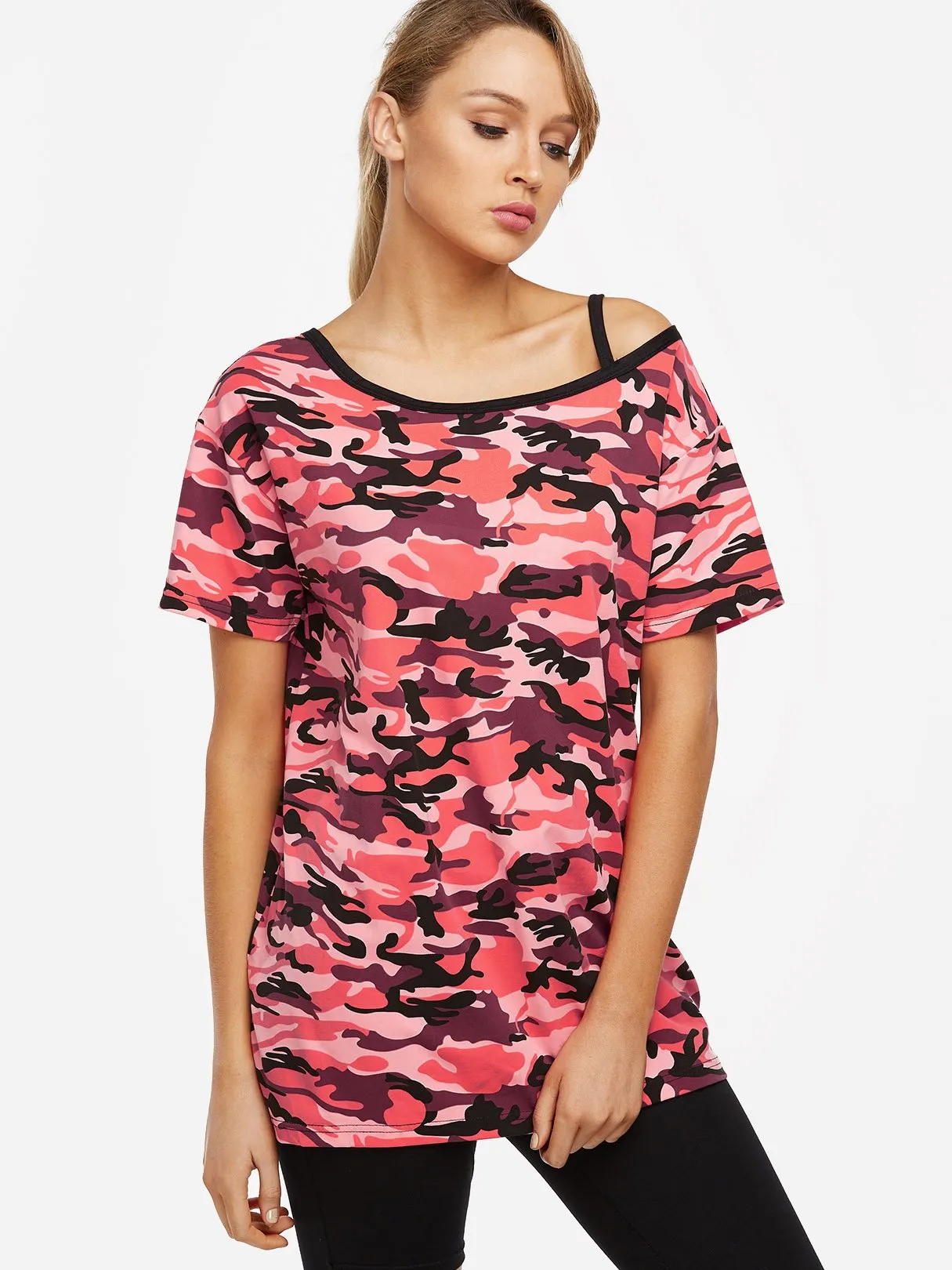 Custom Crew Neck Cold Shoulder Camouflage Cut Out Short Sleeve Red T-Shirts