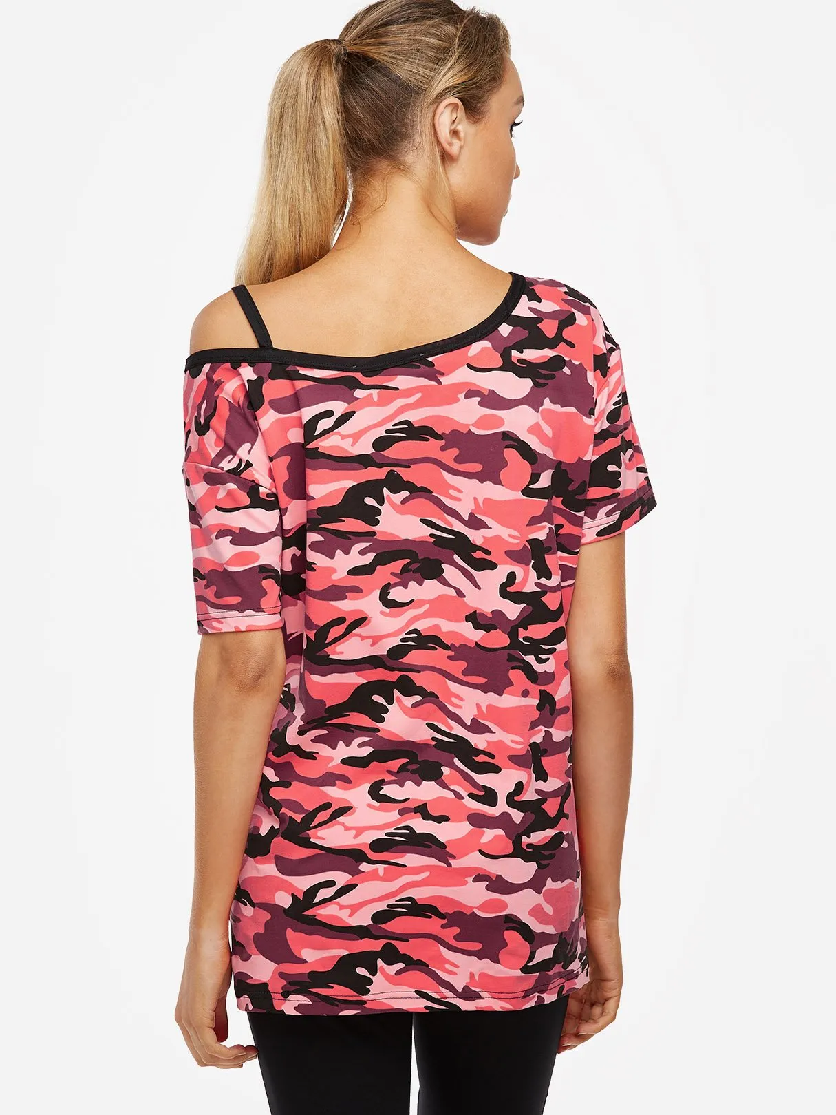 Custom Crew Neck Cold Shoulder Camouflage Cut Out Short Sleeve Red T-Shirts