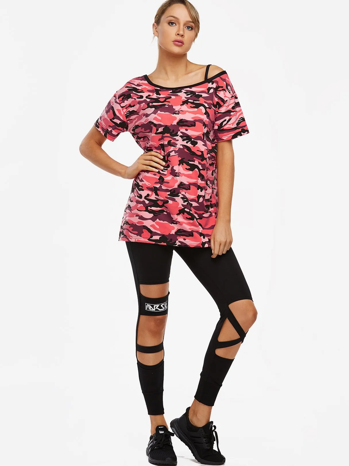 Custom Crew Neck Cold Shoulder Camouflage Cut Out Short Sleeve Red T-Shirts