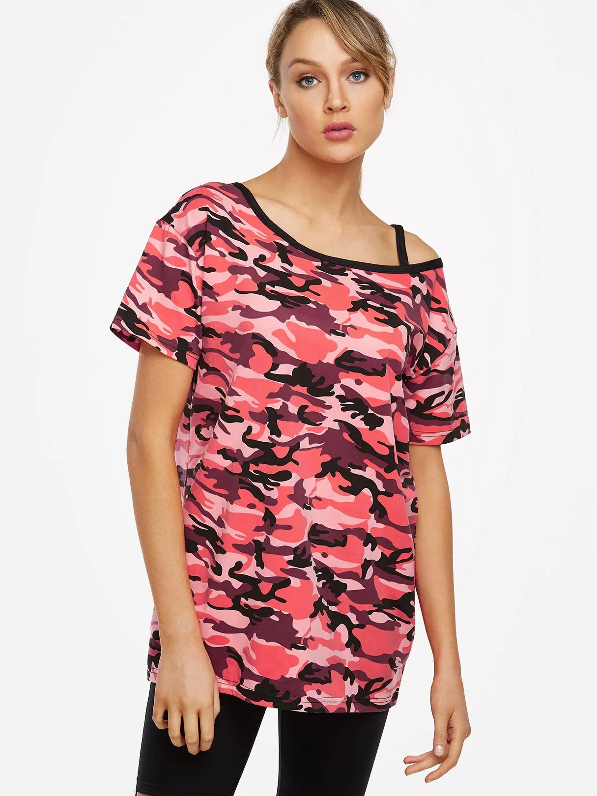 Custom Crew Neck Cold Shoulder Camouflage Cut Out Short Sleeve Red T-Shirts