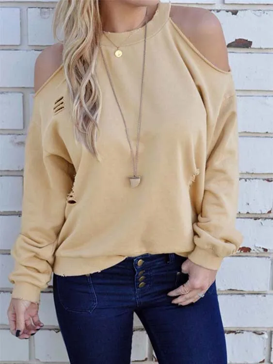 Custom Crew Neck Cold Shoulder Cut Out Long Sleeve Khaki T-Shirts