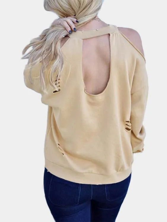 Custom Crew Neck Cold Shoulder Cut Out Long Sleeve Khaki T-Shirts