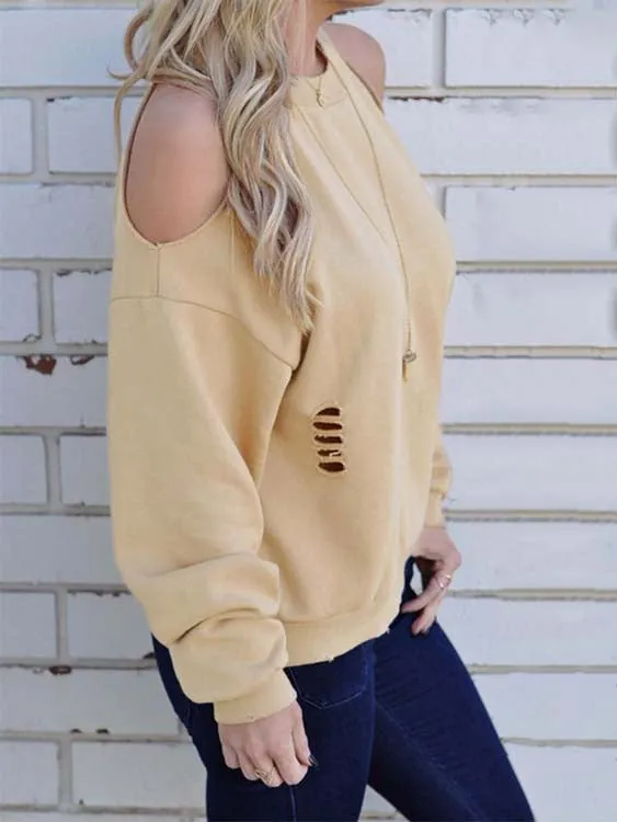 Custom Crew Neck Cold Shoulder Cut Out Long Sleeve Khaki T-Shirts
