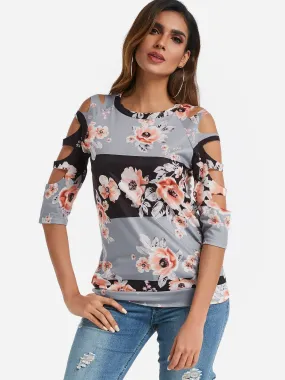 Custom Crew Neck Cold Shoulder Floral Print Cut Out 3/4 Sleeve T-Shirts