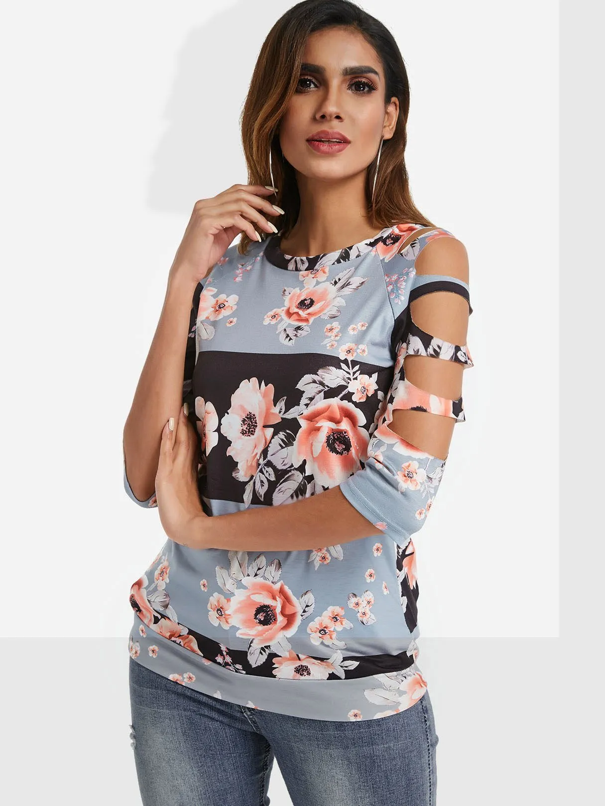 Custom Crew Neck Cold Shoulder Floral Print Cut Out 3/4 Sleeve T-Shirts