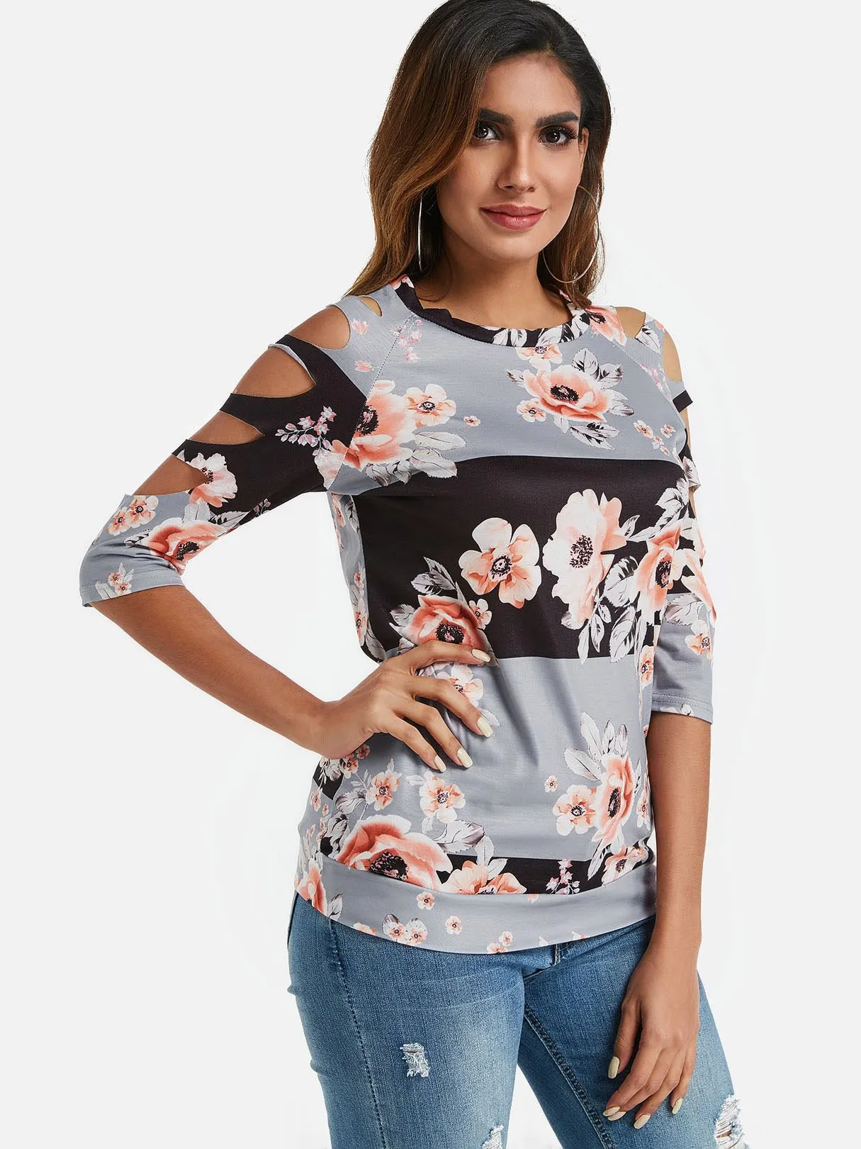 Custom Crew Neck Cold Shoulder Floral Print Cut Out 3/4 Sleeve T-Shirts