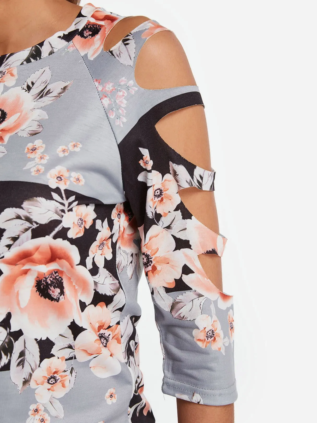 Custom Crew Neck Cold Shoulder Floral Print Cut Out 3/4 Sleeve T-Shirts
