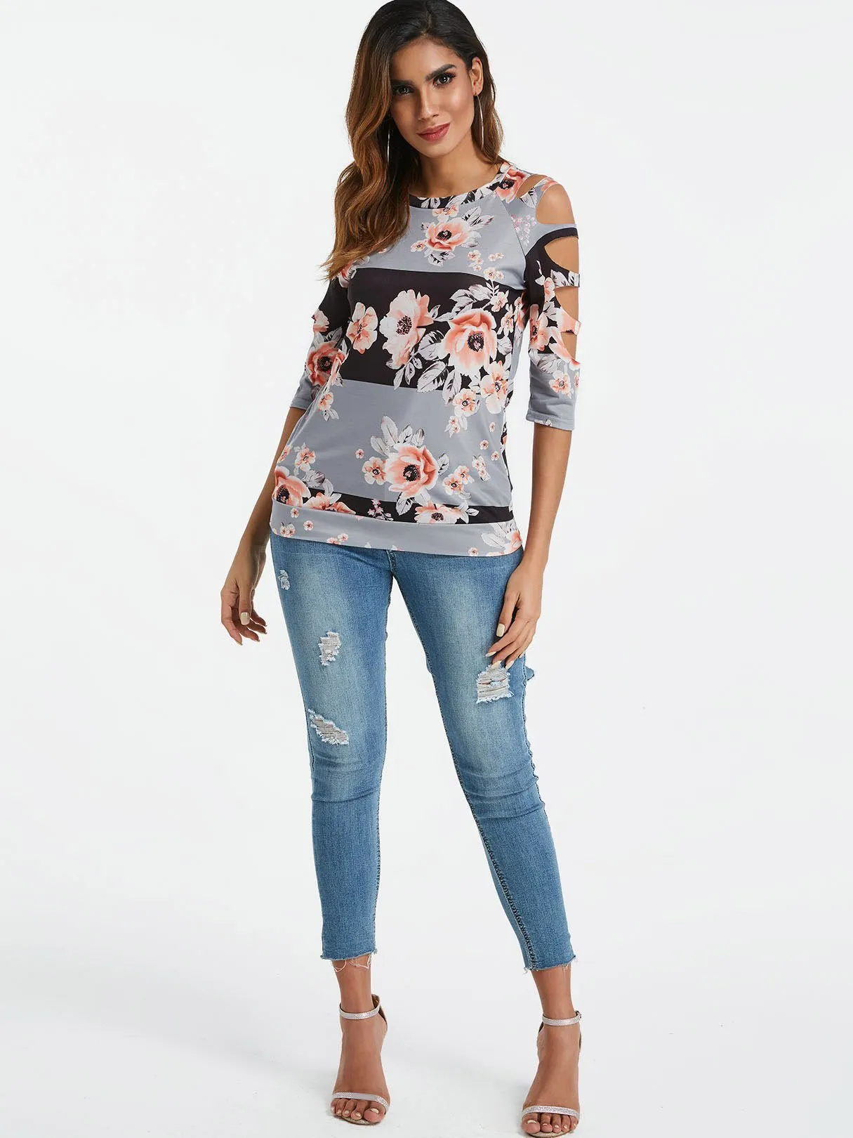 Custom Crew Neck Cold Shoulder Floral Print Cut Out 3/4 Sleeve T-Shirts