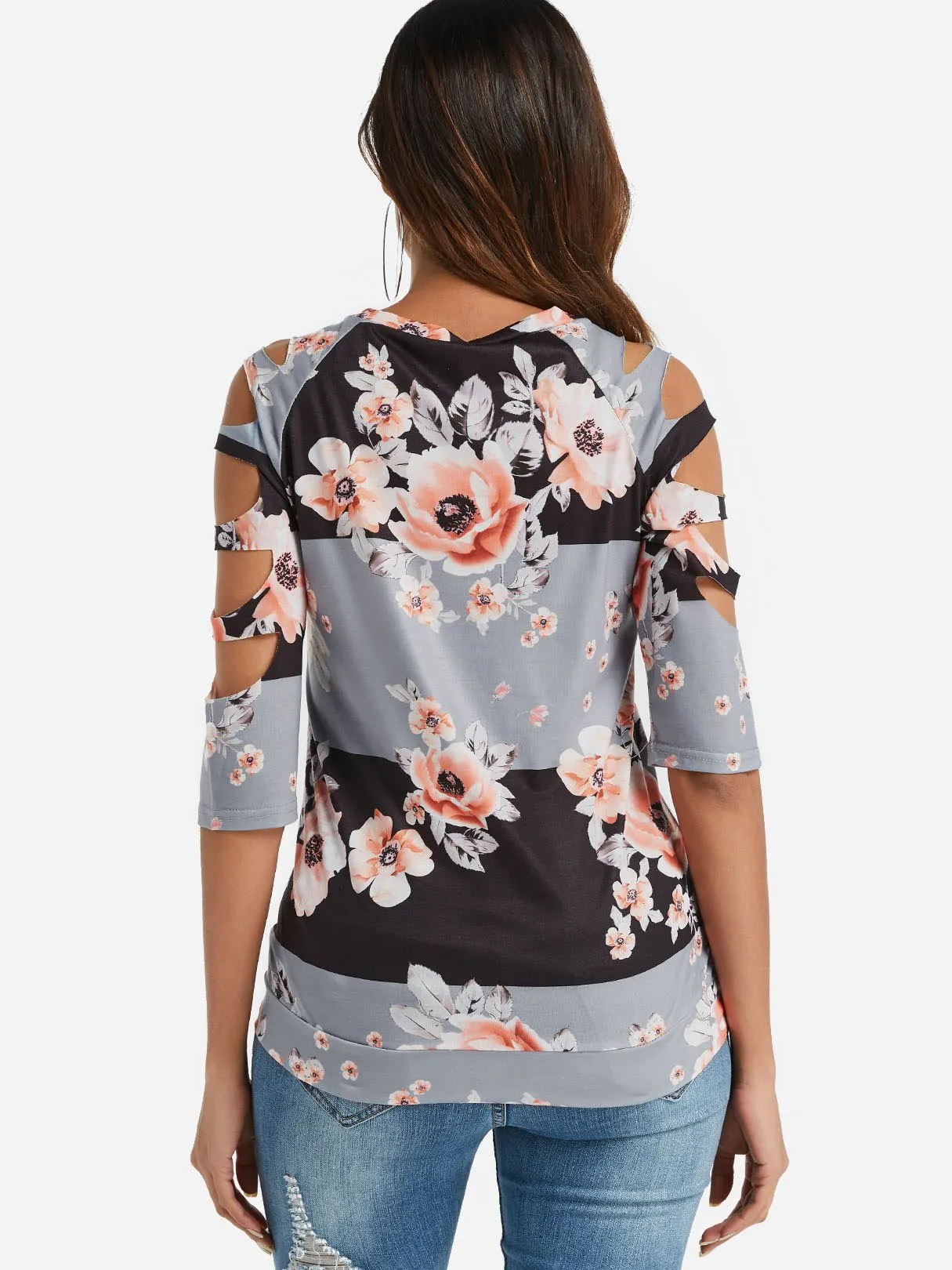 Custom Crew Neck Cold Shoulder Floral Print Cut Out 3/4 Sleeve T-Shirts