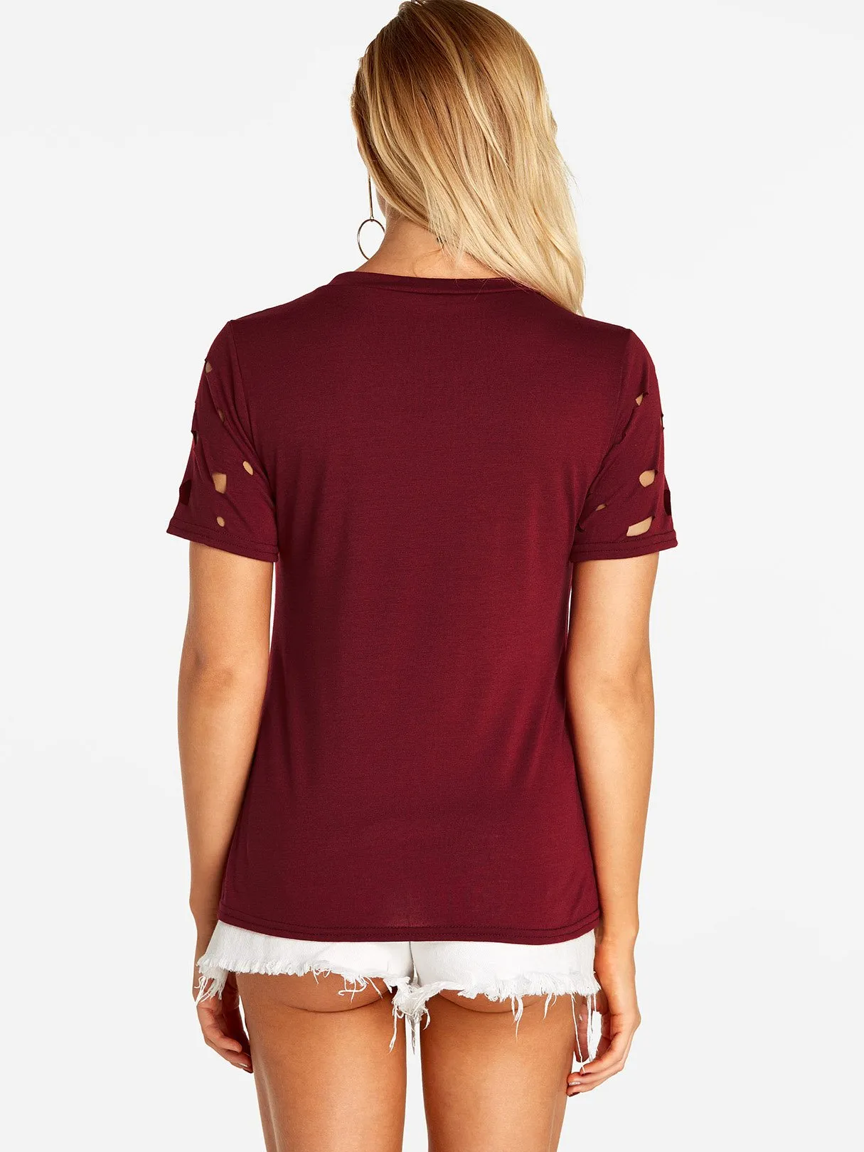 Custom Crew Neck Plain Random Ripped Cut Out Short Sleeve Red T-Shirts