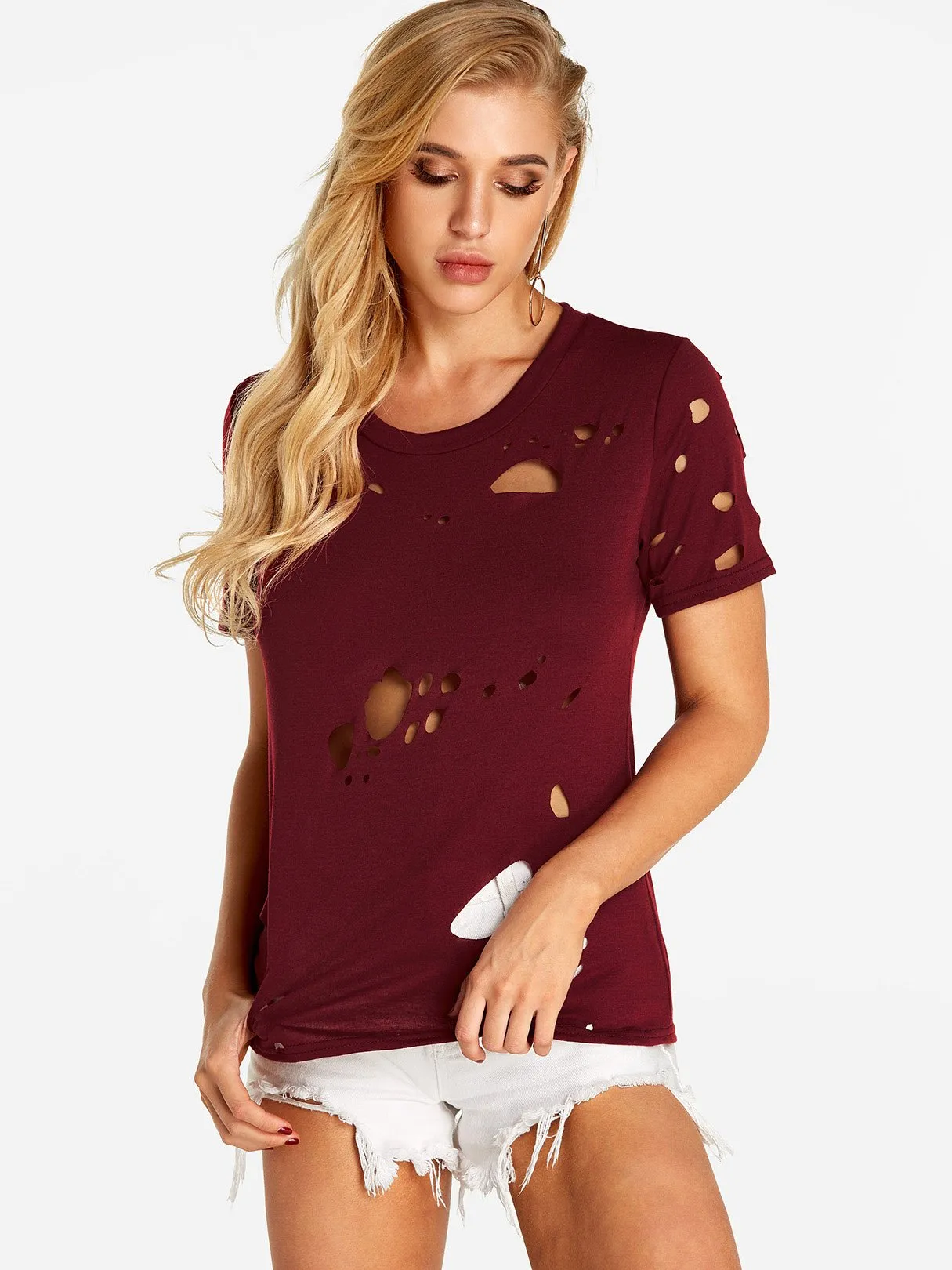 Custom Crew Neck Plain Random Ripped Cut Out Short Sleeve Red T-Shirts