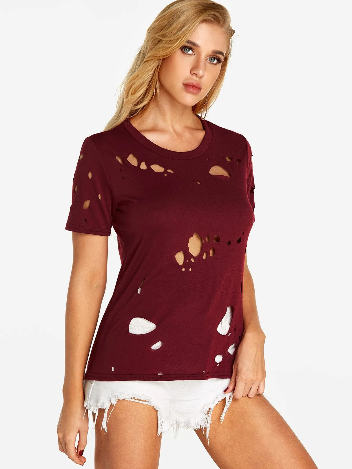 Custom Crew Neck Plain Random Ripped Cut Out Short Sleeve Red T-Shirts