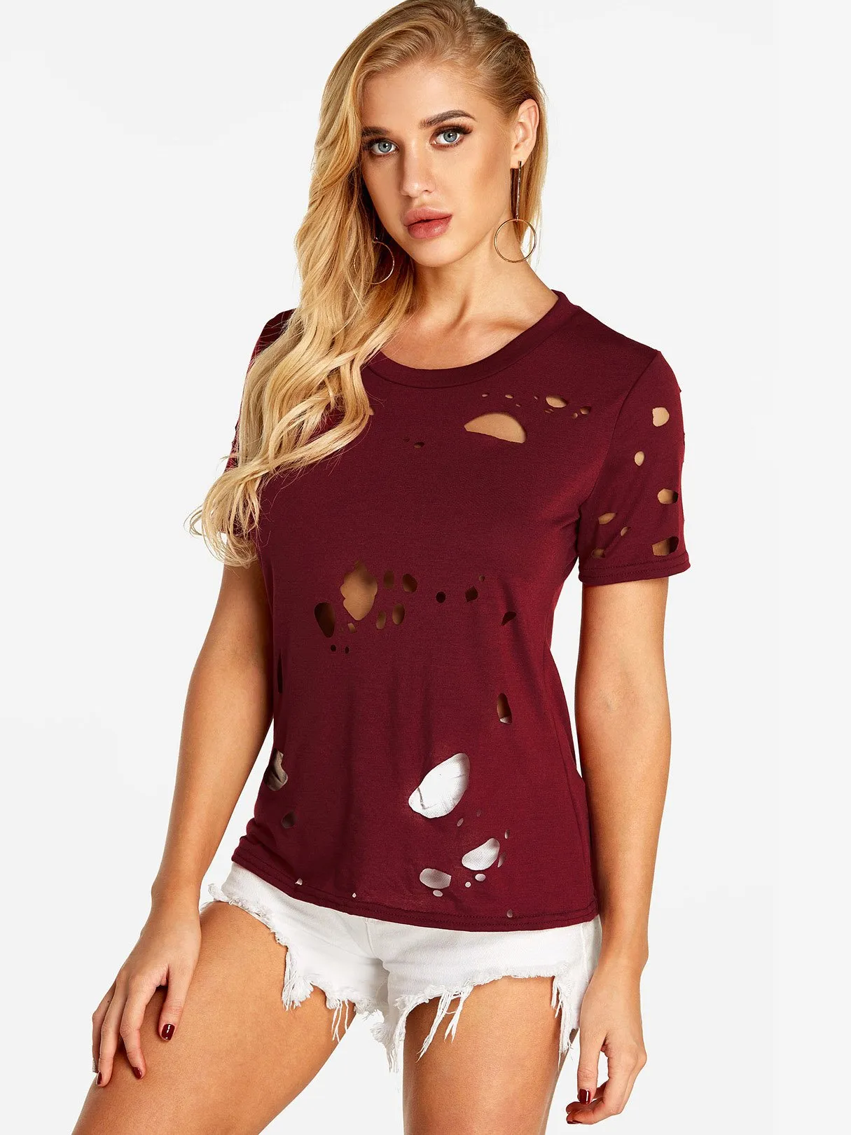 Custom Crew Neck Plain Random Ripped Cut Out Short Sleeve Red T-Shirts