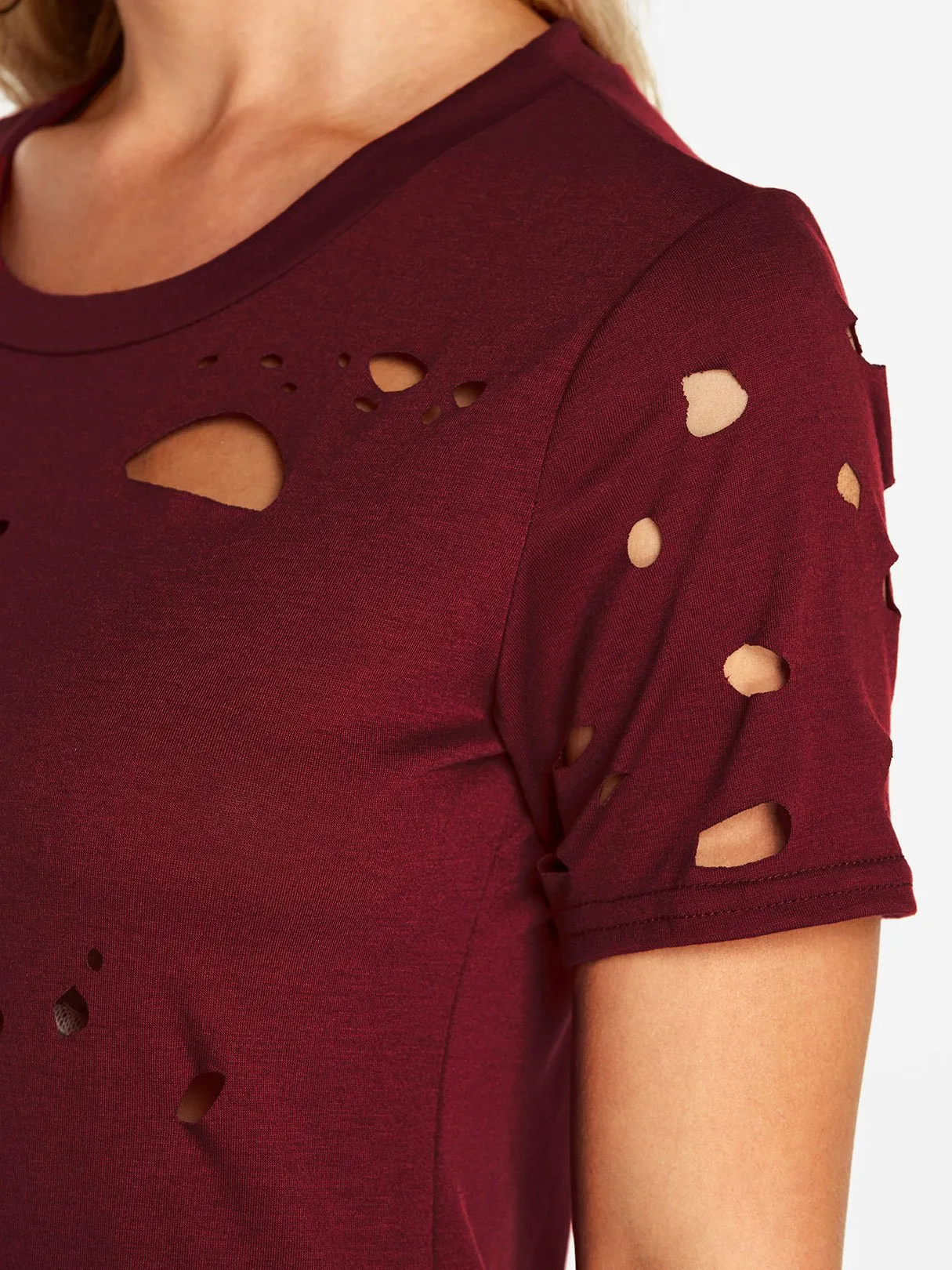Custom Crew Neck Plain Random Ripped Cut Out Short Sleeve Red T-Shirts