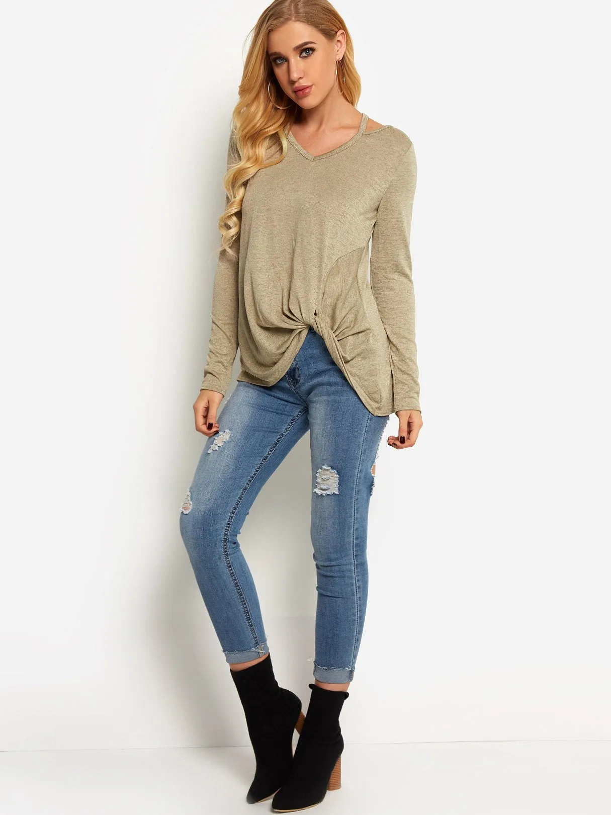 Custom Crossed Front Cut Out Long Sleeve T-Shirts