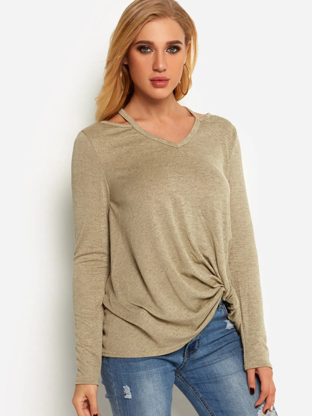 Custom Crossed Front Cut Out Long Sleeve T-Shirts