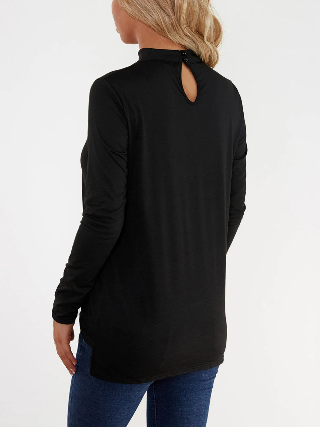 Custom Deep V-Neck Plain Crossed Front Long Sleeve Black Top