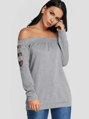 Custom Off The Shoulder Cut Out Long Sleeve Grey Top
