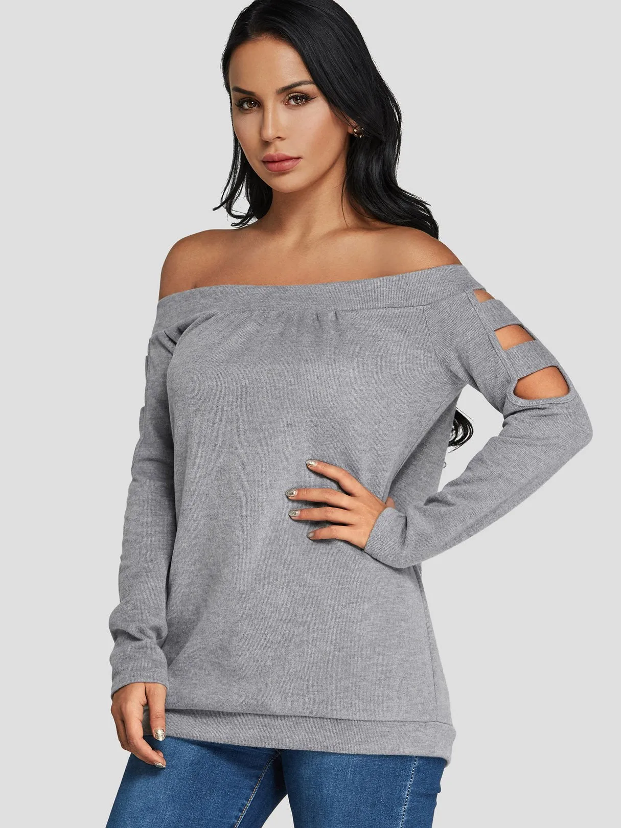 Custom Off The Shoulder Cut Out Long Sleeve Grey Top