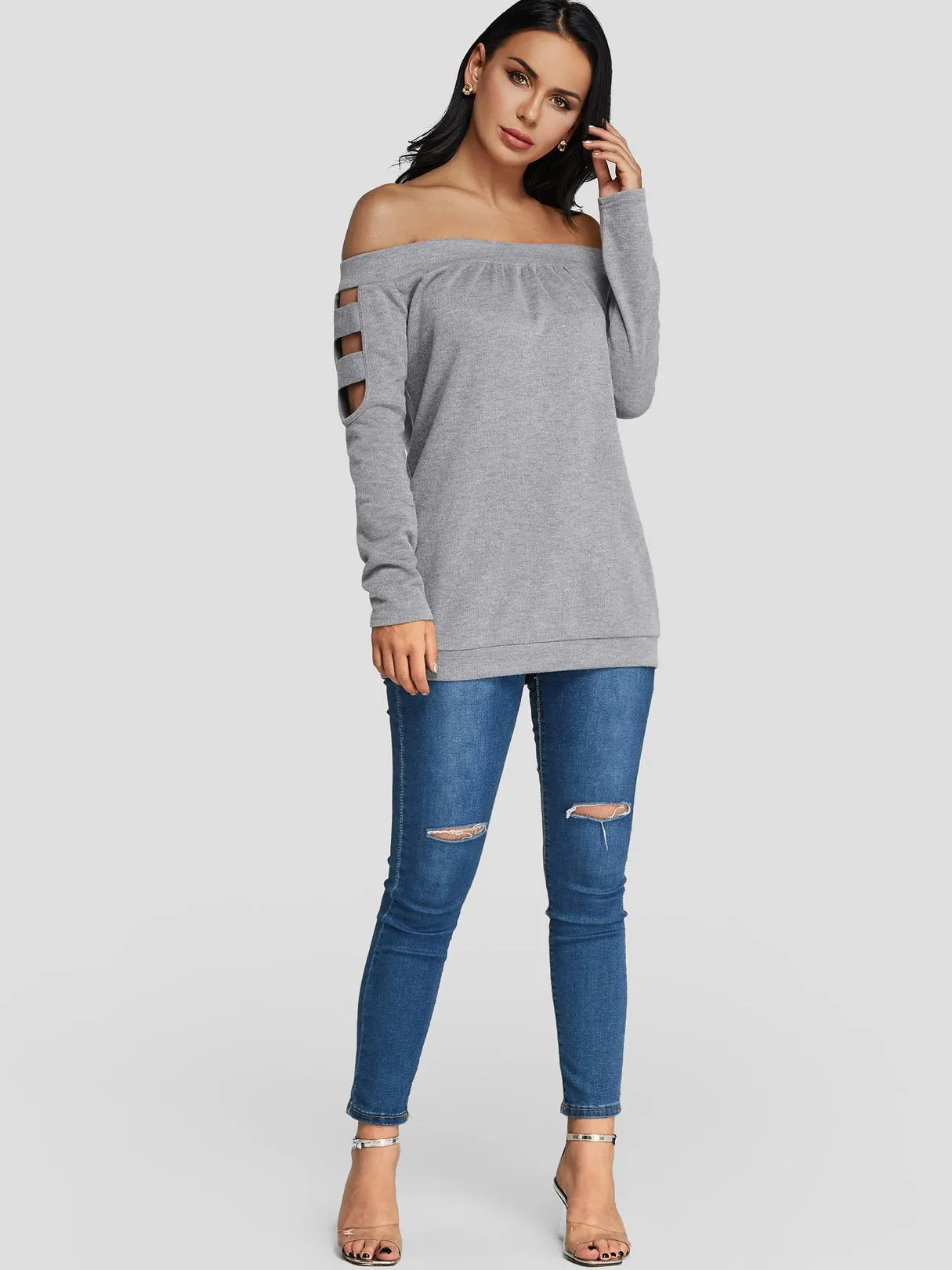 Custom Off The Shoulder Cut Out Long Sleeve Grey Top