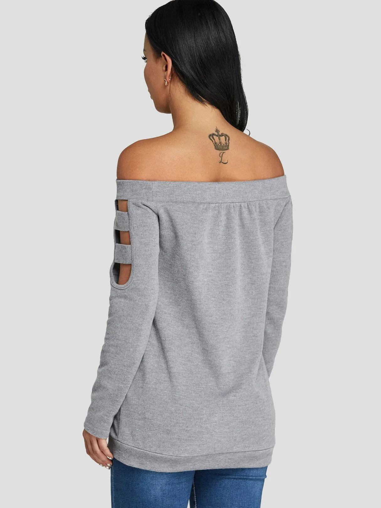 Custom Off The Shoulder Cut Out Long Sleeve Grey Top