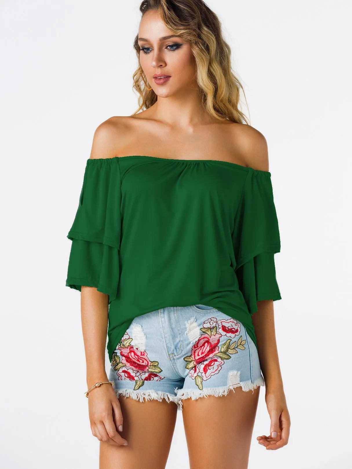 Custom Off The Shoulder Plain Tiered Half Sleeve Top