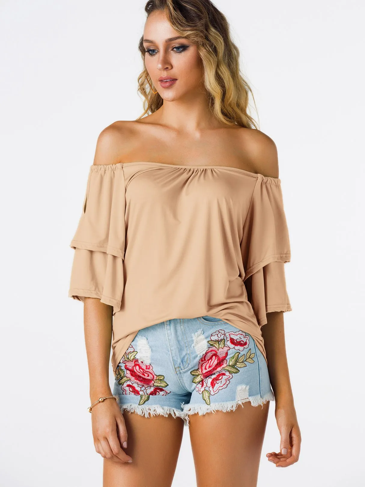 Custom Off The Shoulder Plain Tiered Half Sleeve Top