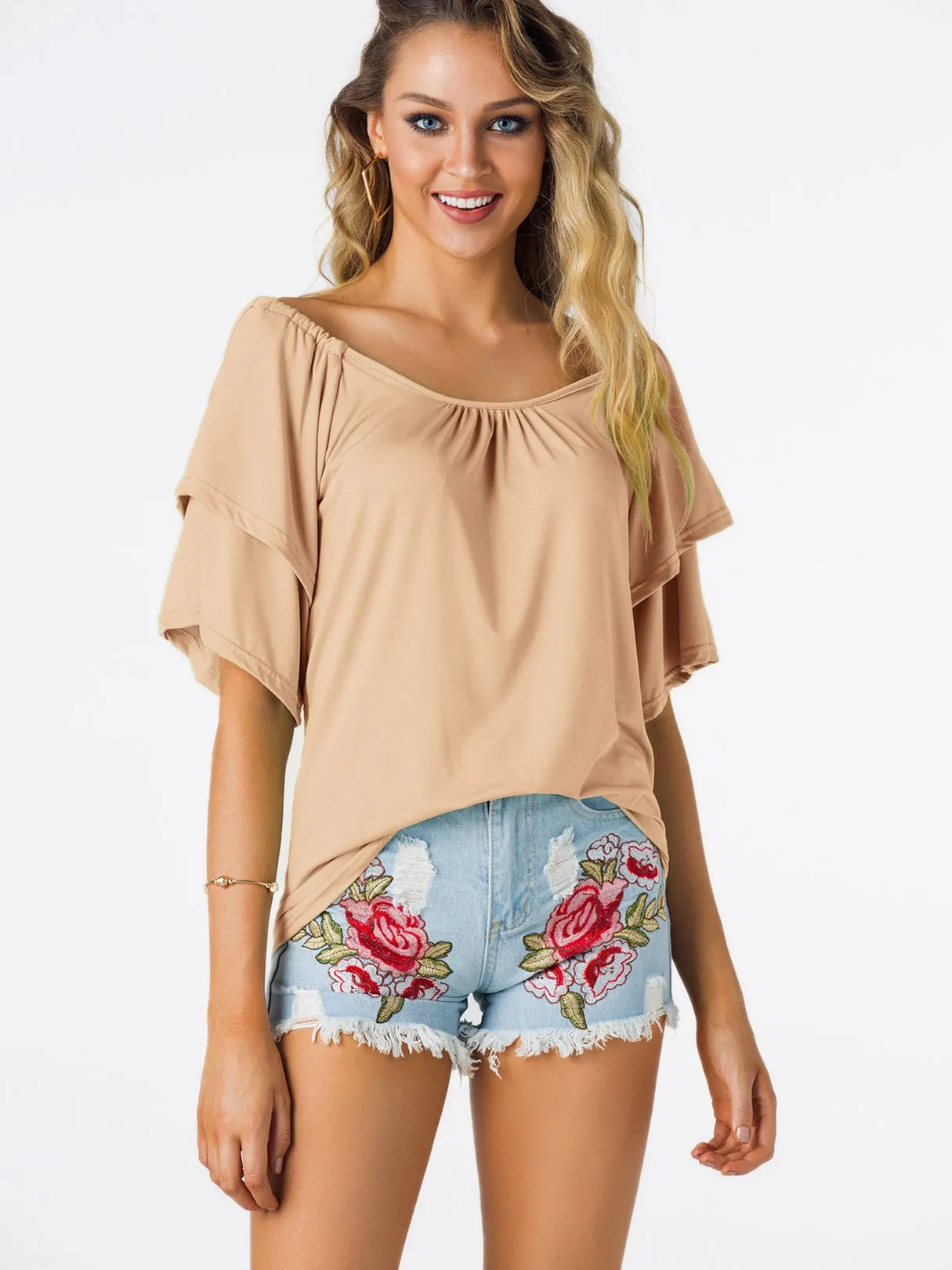 Custom Off The Shoulder Plain Tiered Half Sleeve Top